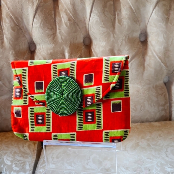 African Vibrant Orange and Green Geometric Clutch Made In Kenya - Picture 4 of 4